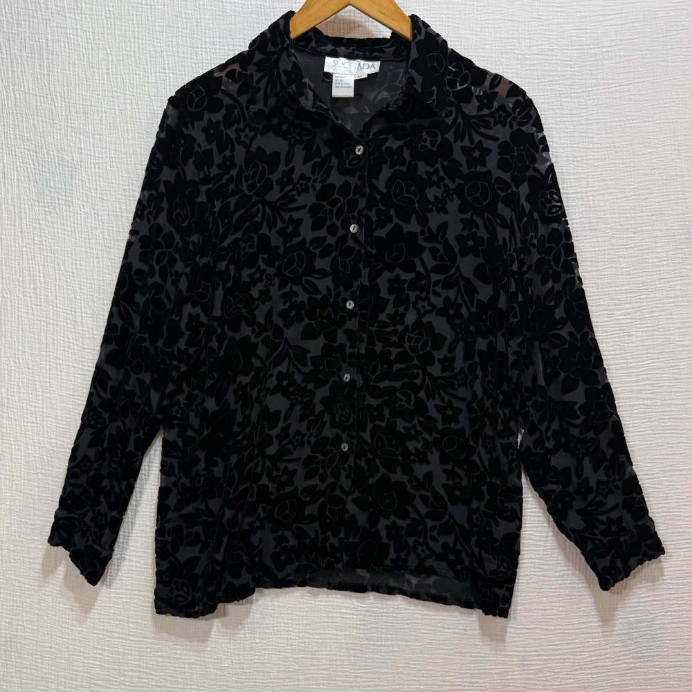 Suchada Burnout‎ Velvet Shirt Women Medium Black Floral Silk Blend Goth Vintage